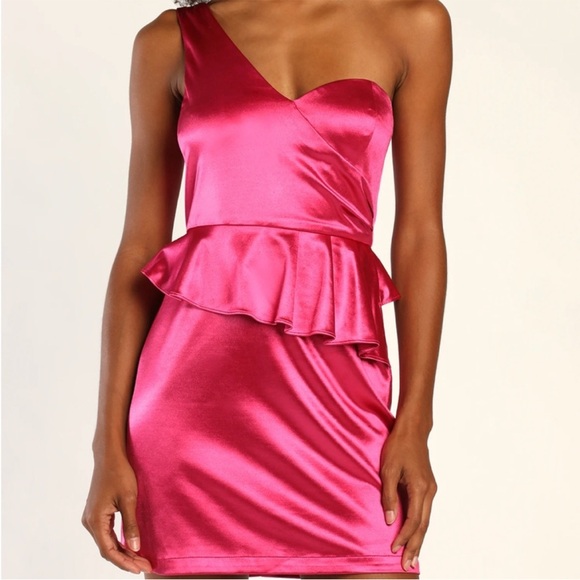 Lulus Dresses & Skirts - Lulus Flirtatious Energy Pink Satin One-Shoulder Bodycon Mini Dress